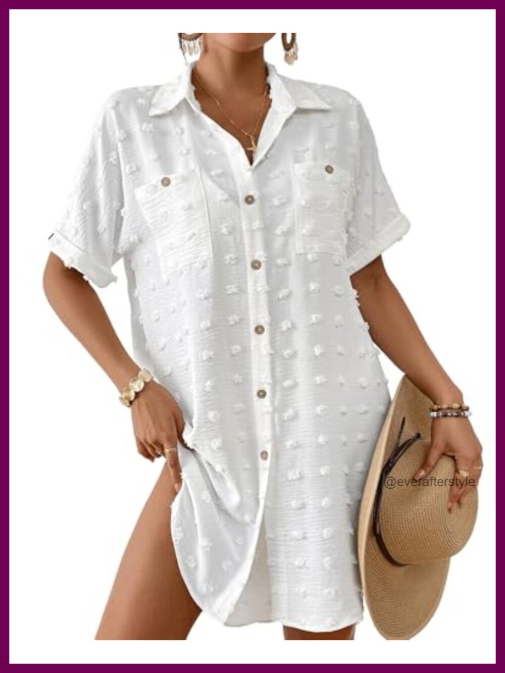 Swiss Dot Smocked Swim Cover Up Button Down Shirt Dress